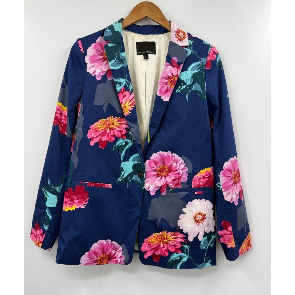 Banana Republic Women Navy Blue Pink Floral Single Button Blazer Size 8